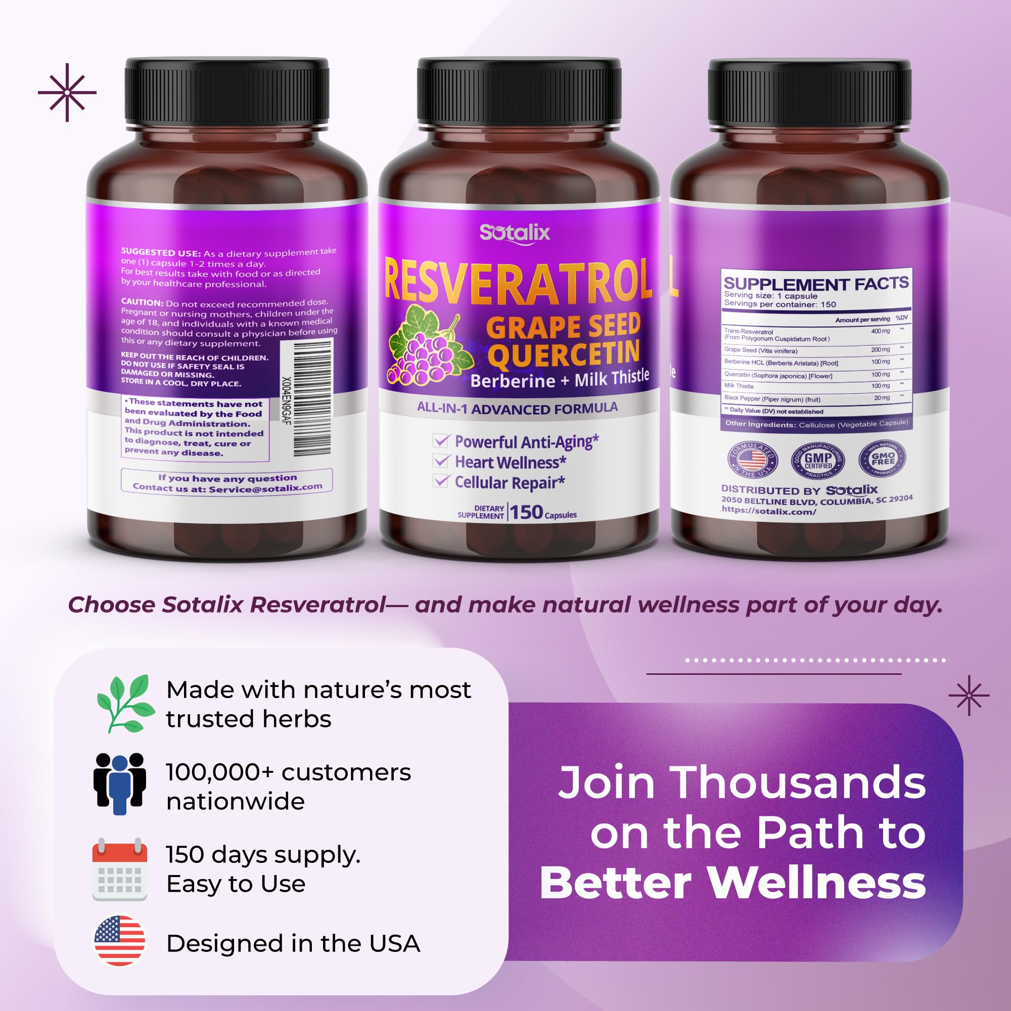 Resveratrol supplement bottle showing 150 capsules