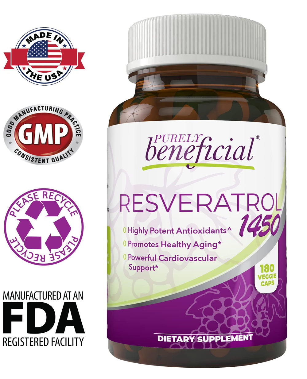 PURELY Beneficial RESVERATROL1450 bottle on a white background