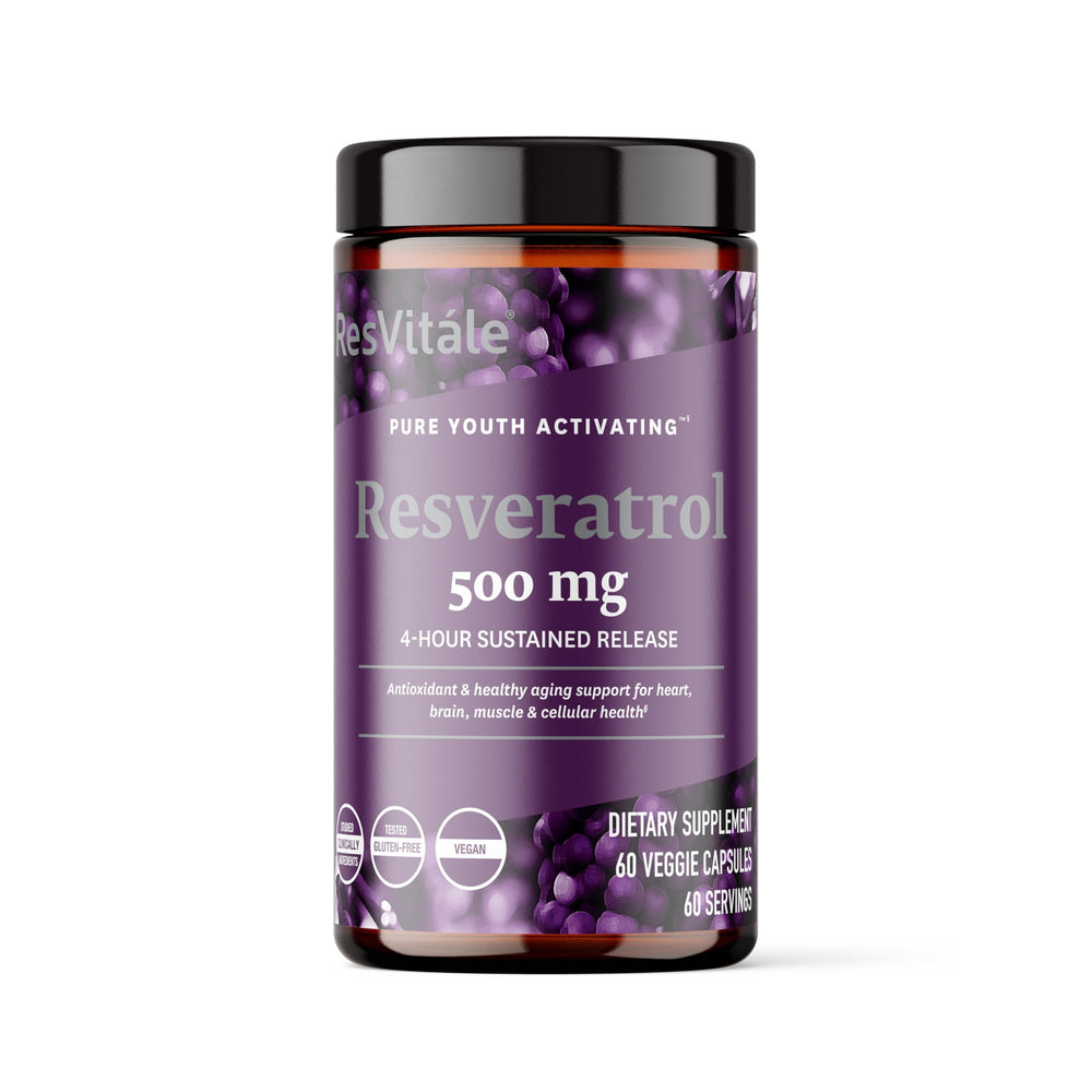 Front view of ResVitale Resveratrol 500 mg bottle