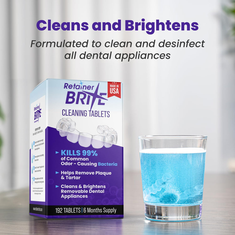 Front view of Retainer Brite box with 192 tablets