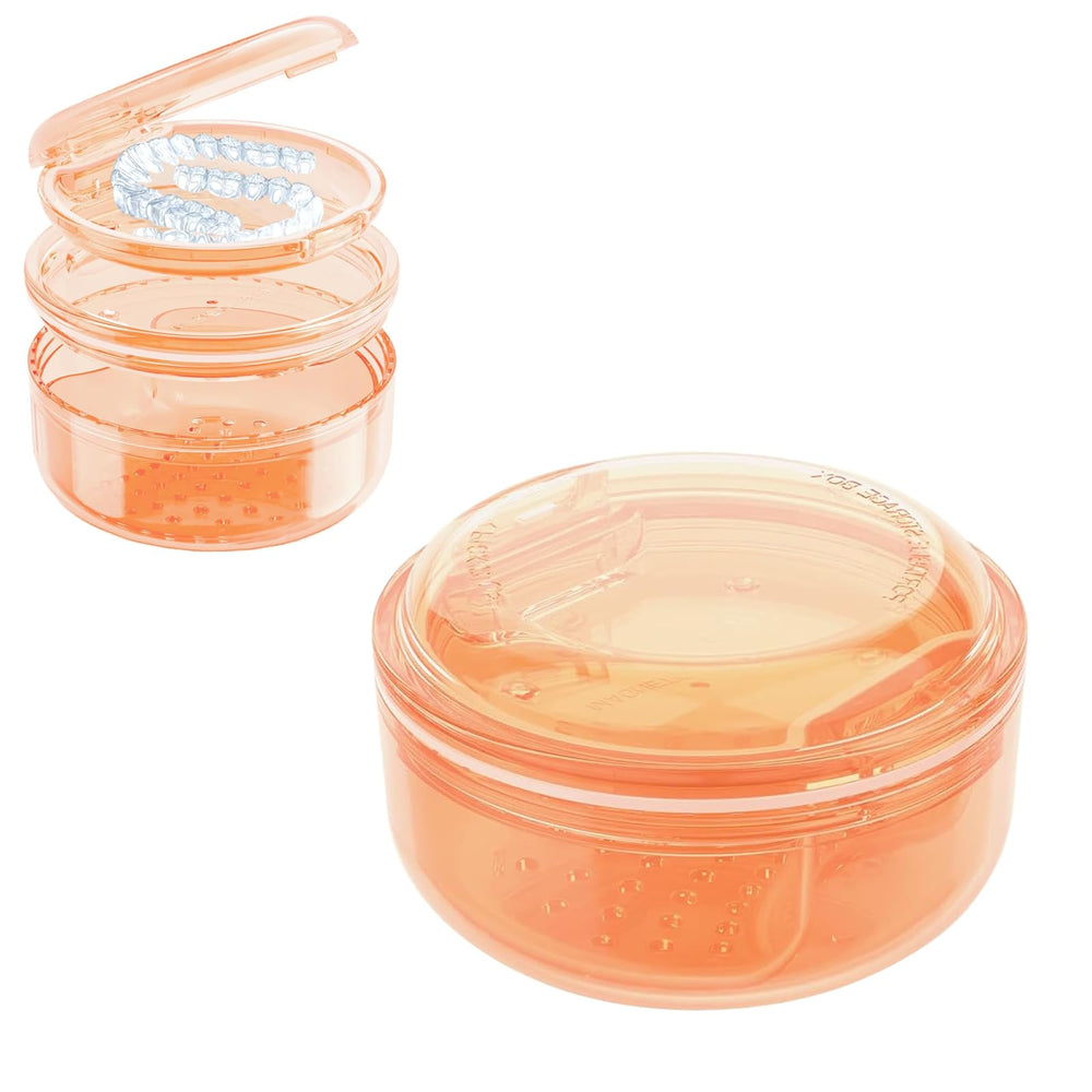 Two-part retainer case showing soaking compartment with draining layer