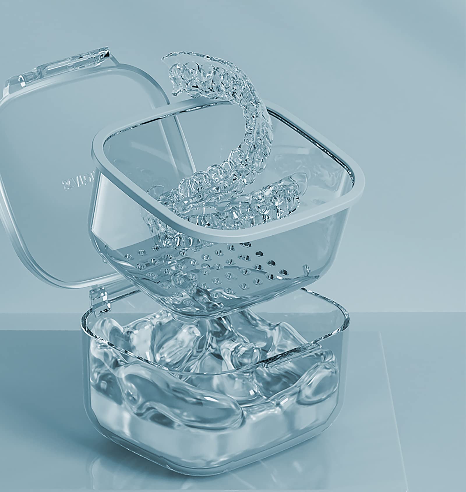 Open blue denture bath case showing drain tray