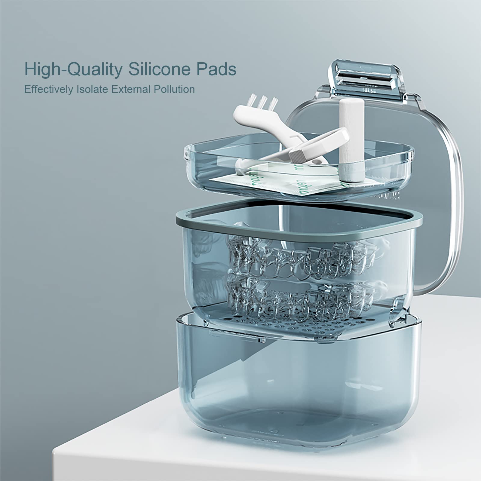 Close-up of durable ABS plastic retainer case in blue