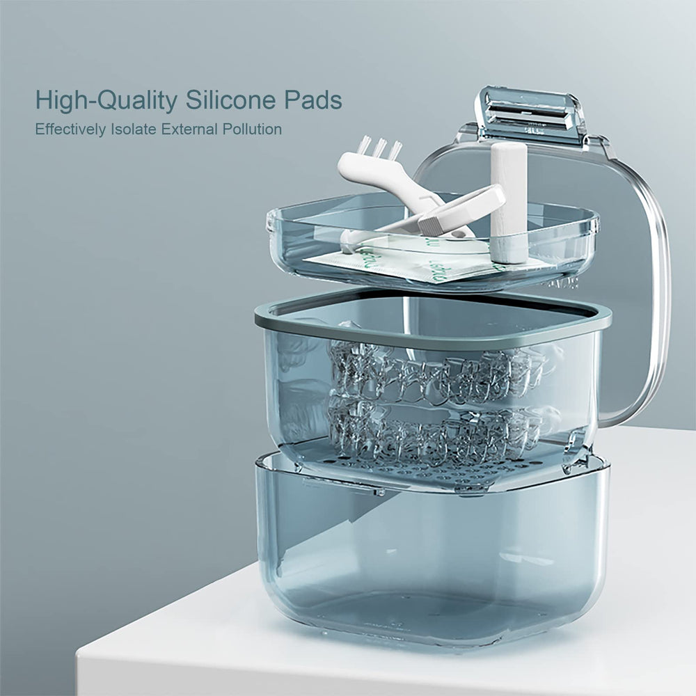 Close-up of durable ABS plastic retainer case in blue