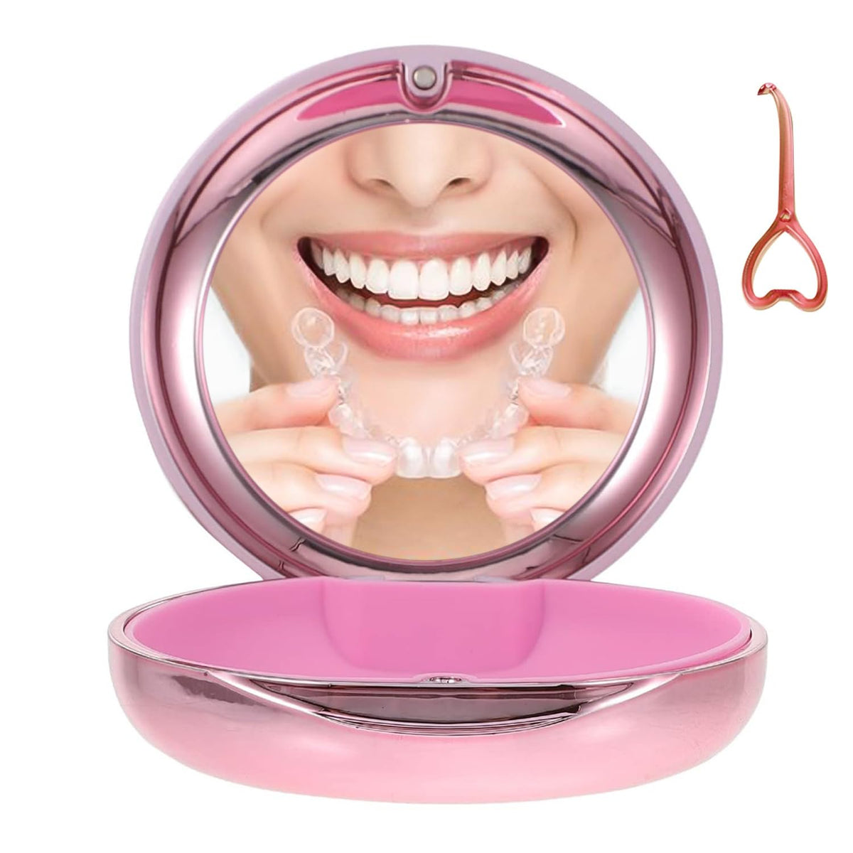 Pink slim retainer case with built-in mirror and removal tool