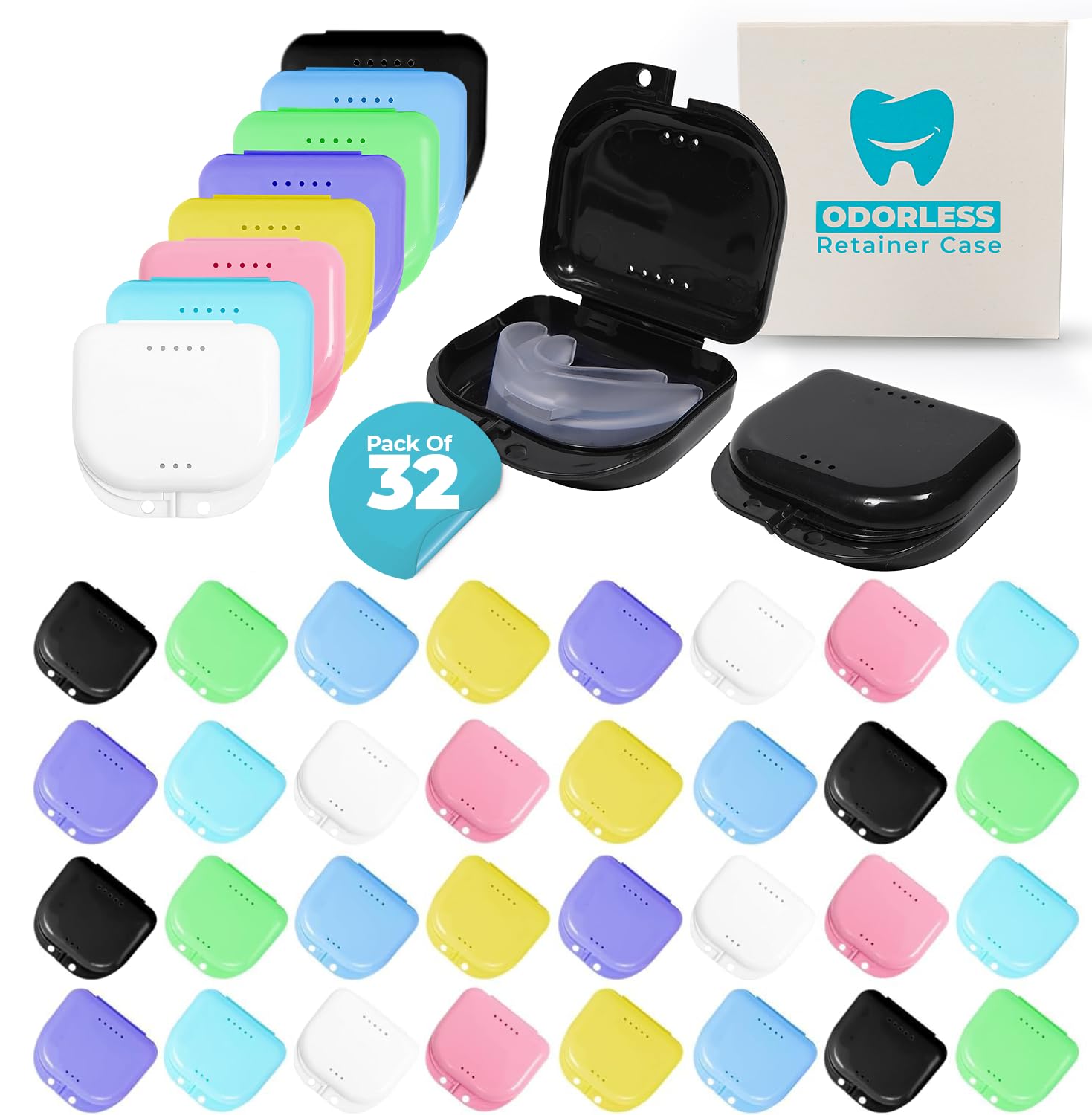 Pack of 32 assorted color retainer cases with vent holes