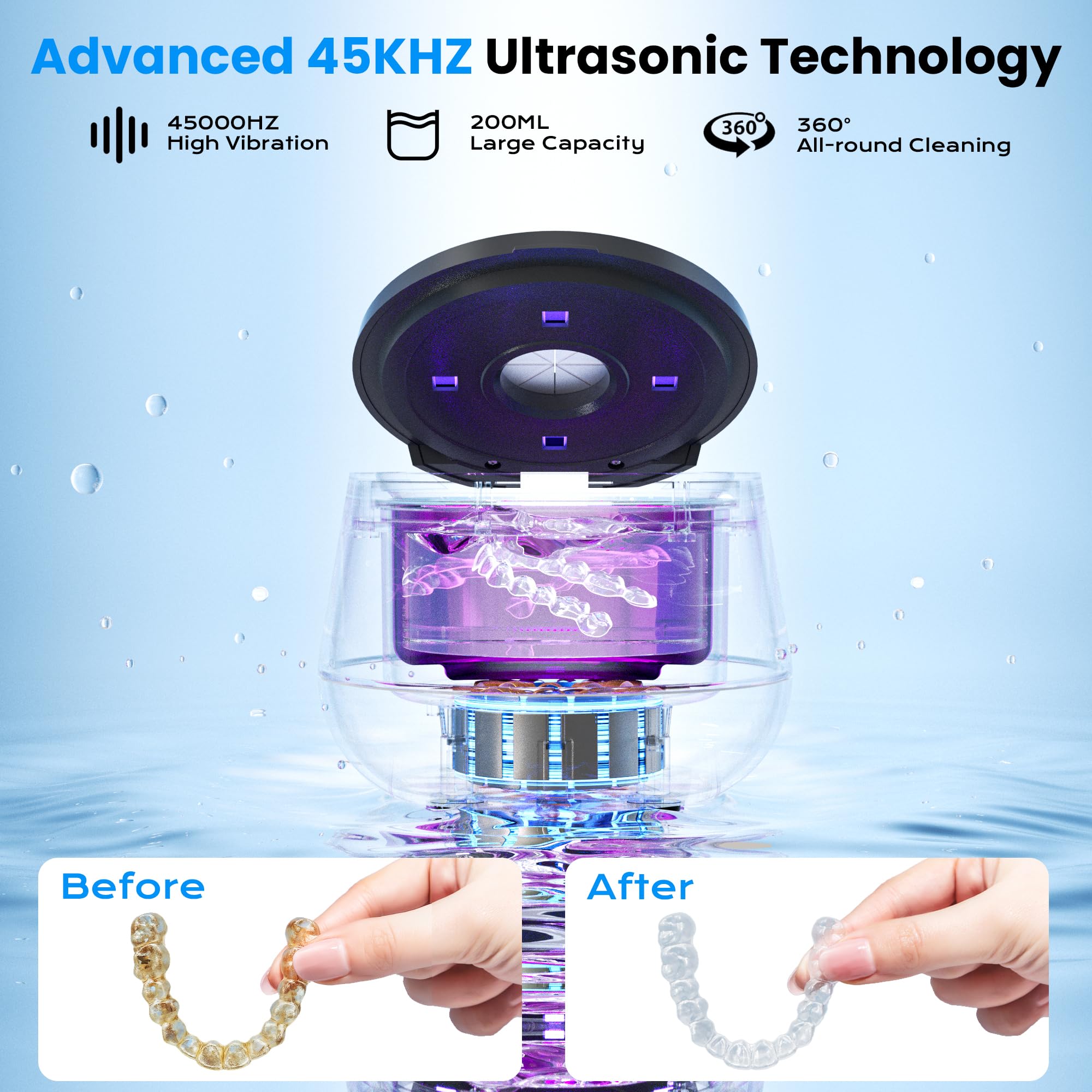 Ultrasonic cleaner tank opened showing 200ML capacity