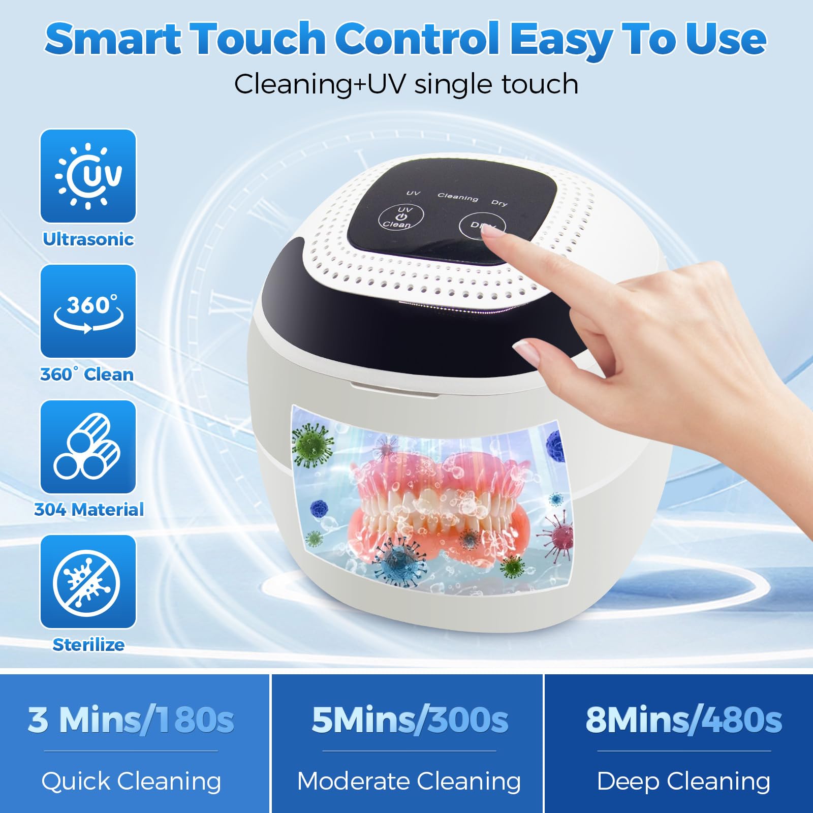 Portable dental cleaning pod with six cleaning modes shown in a travel setup