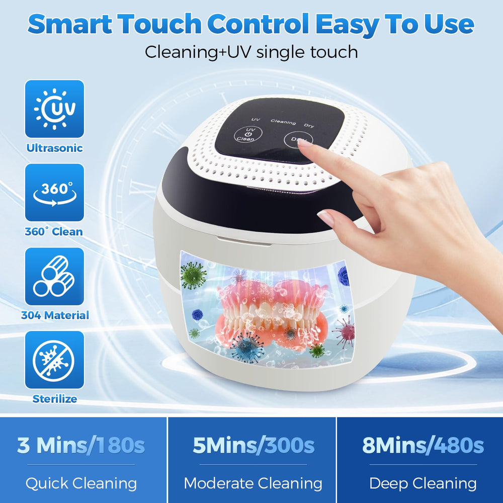 Portable dental cleaning pod with six cleaning modes shown in a travel setup