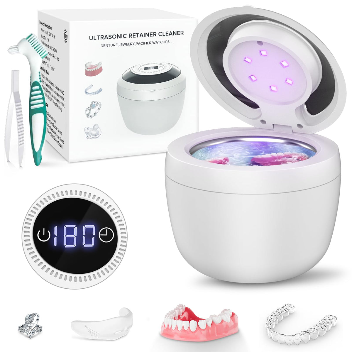 Front view of 45kHz Ultrasonic Retainer Cleaner in bright white