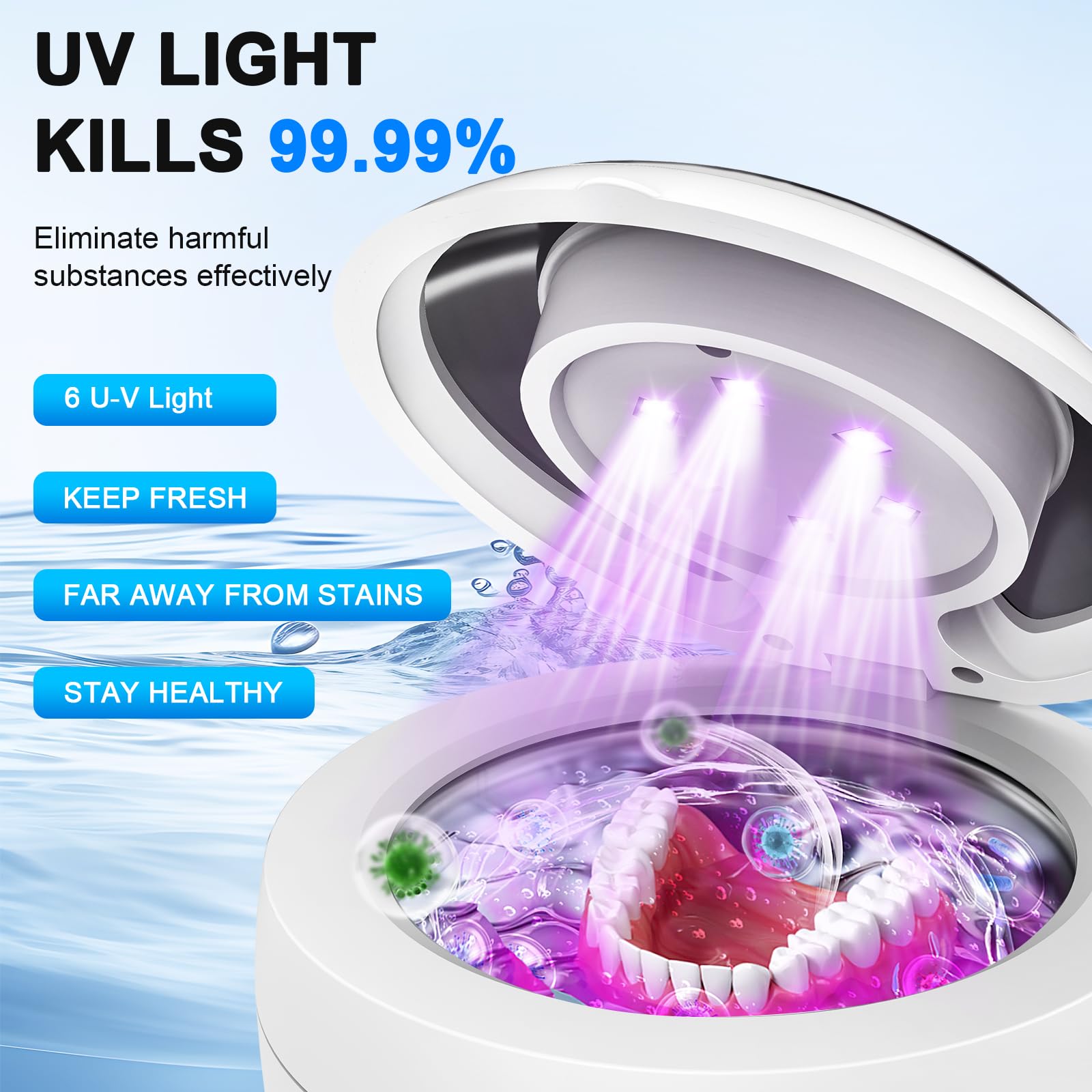 Close-up of 6 LED UV lights and digital timer on the cleaner