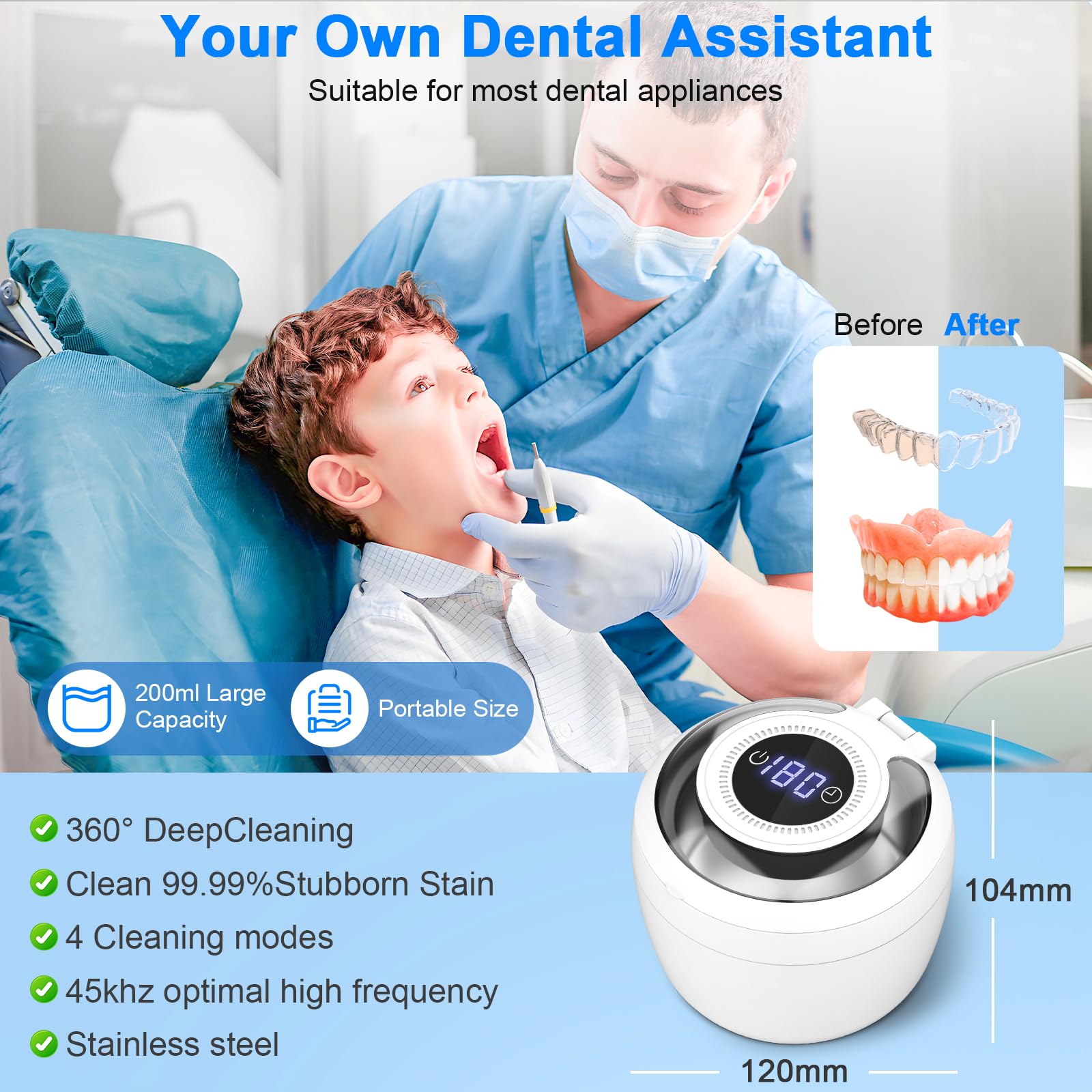 Contents include cleaner unit, DC power adapter, user manual, tweezers, cleaning cloth, toothbrush