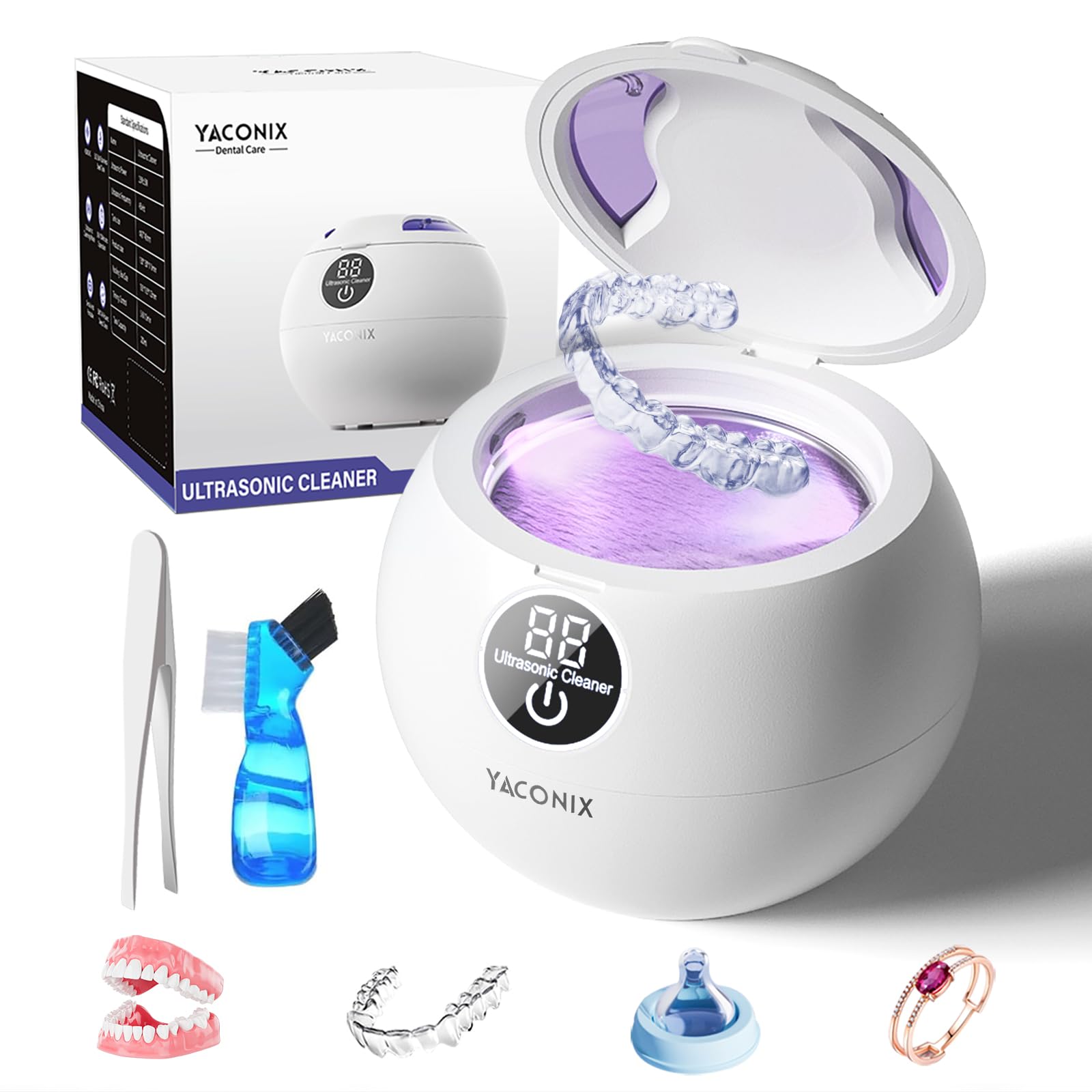 Ultrasonic retainer cleaner device with LED light and IPX6 waterproof