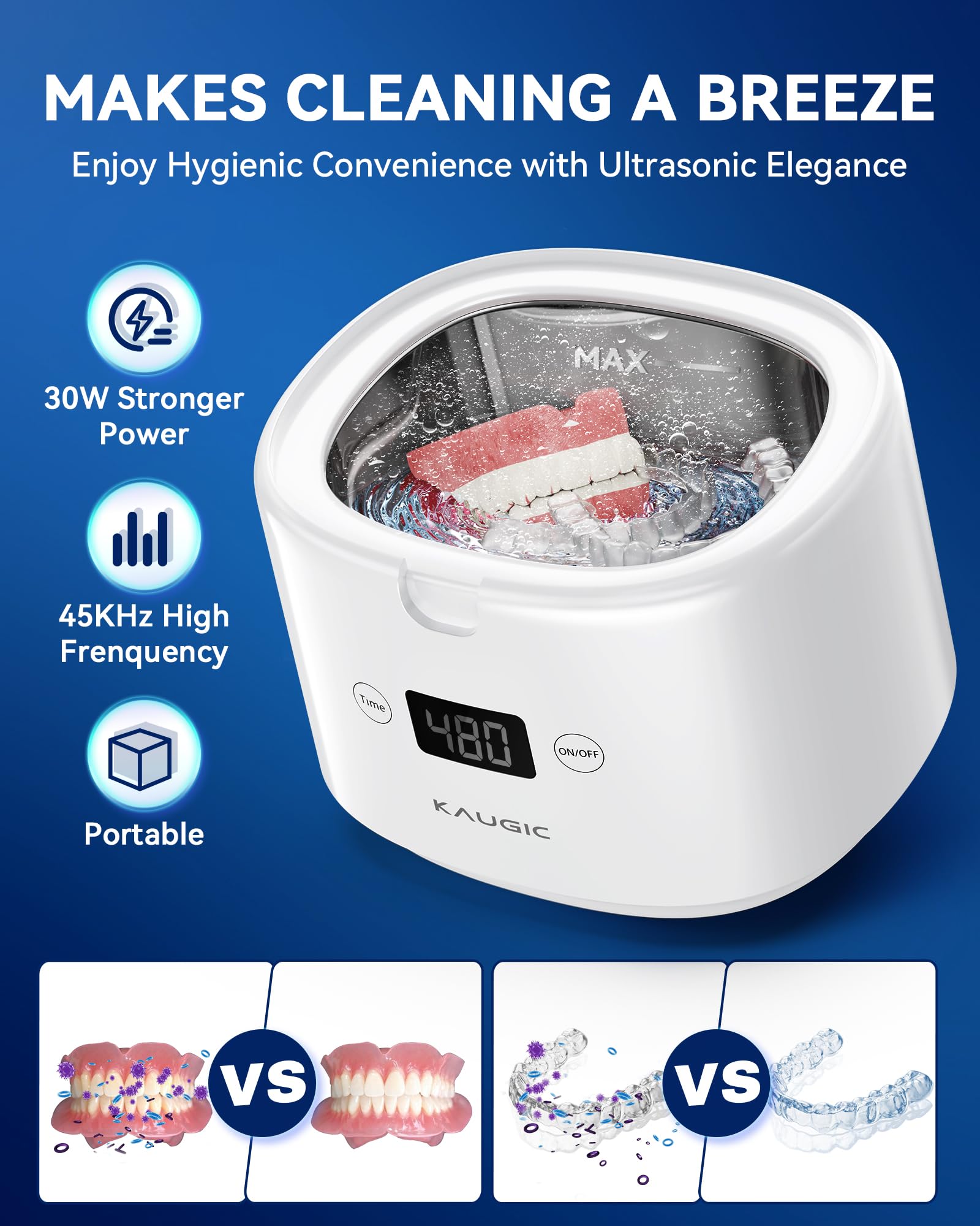 Device operating at 45kHz ultrasonic frequency with 30W power