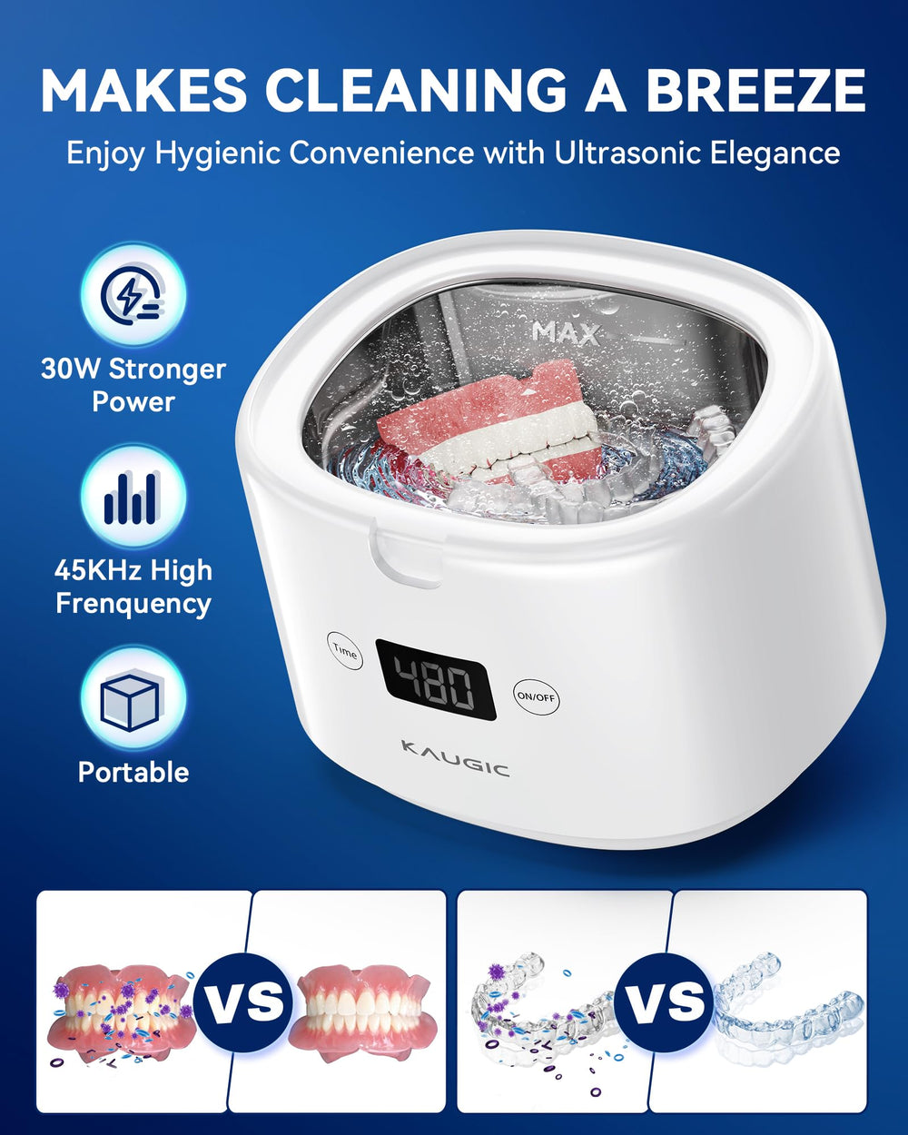 Device operating at 45kHz ultrasonic frequency with 30W power