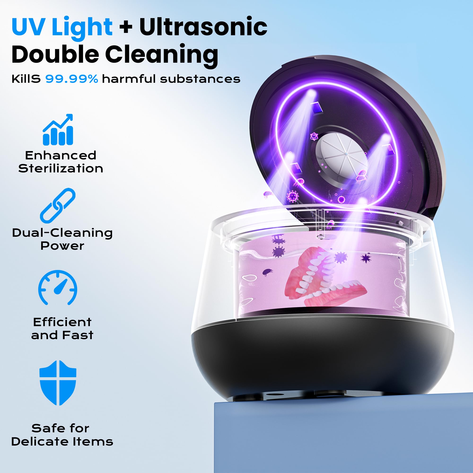 Interior with four UV lights for thorough cleaning