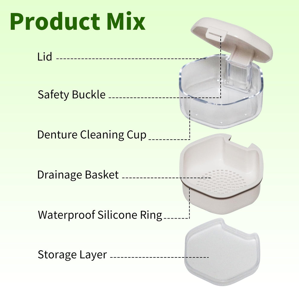 Large-capacity denture case with storage layer for tablets and floss