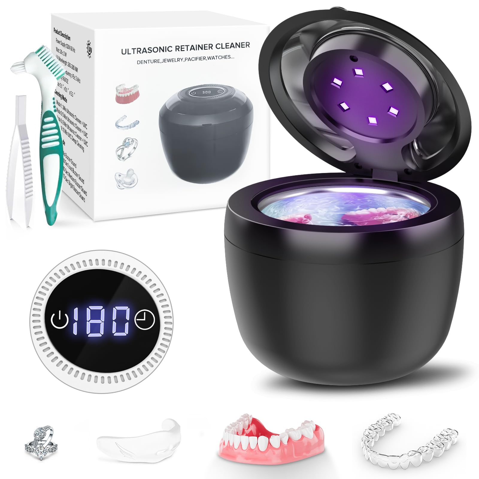 Front view of 45kHz Ultrasonic Retainer Cleaner Dark Black