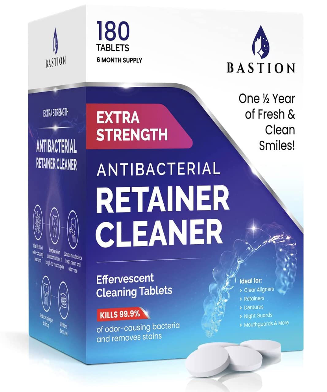 Bastion cleaner bottle containing 180 effervescent tablets for dental devices