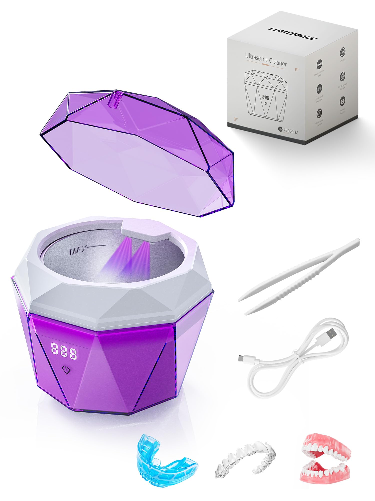 Front view of rechargeable ultrasonic retainer cleaner