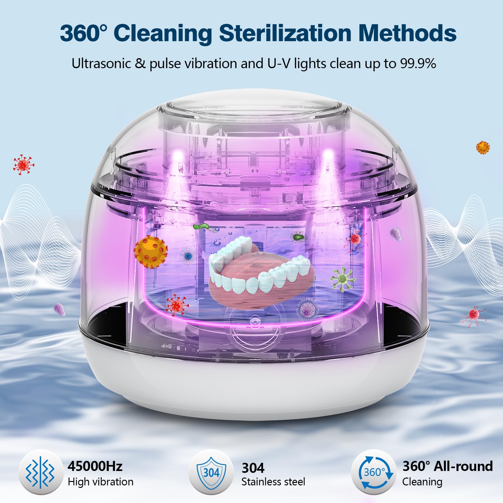 Close-up of the 45kHz/25W ultrasonic cleaning technology