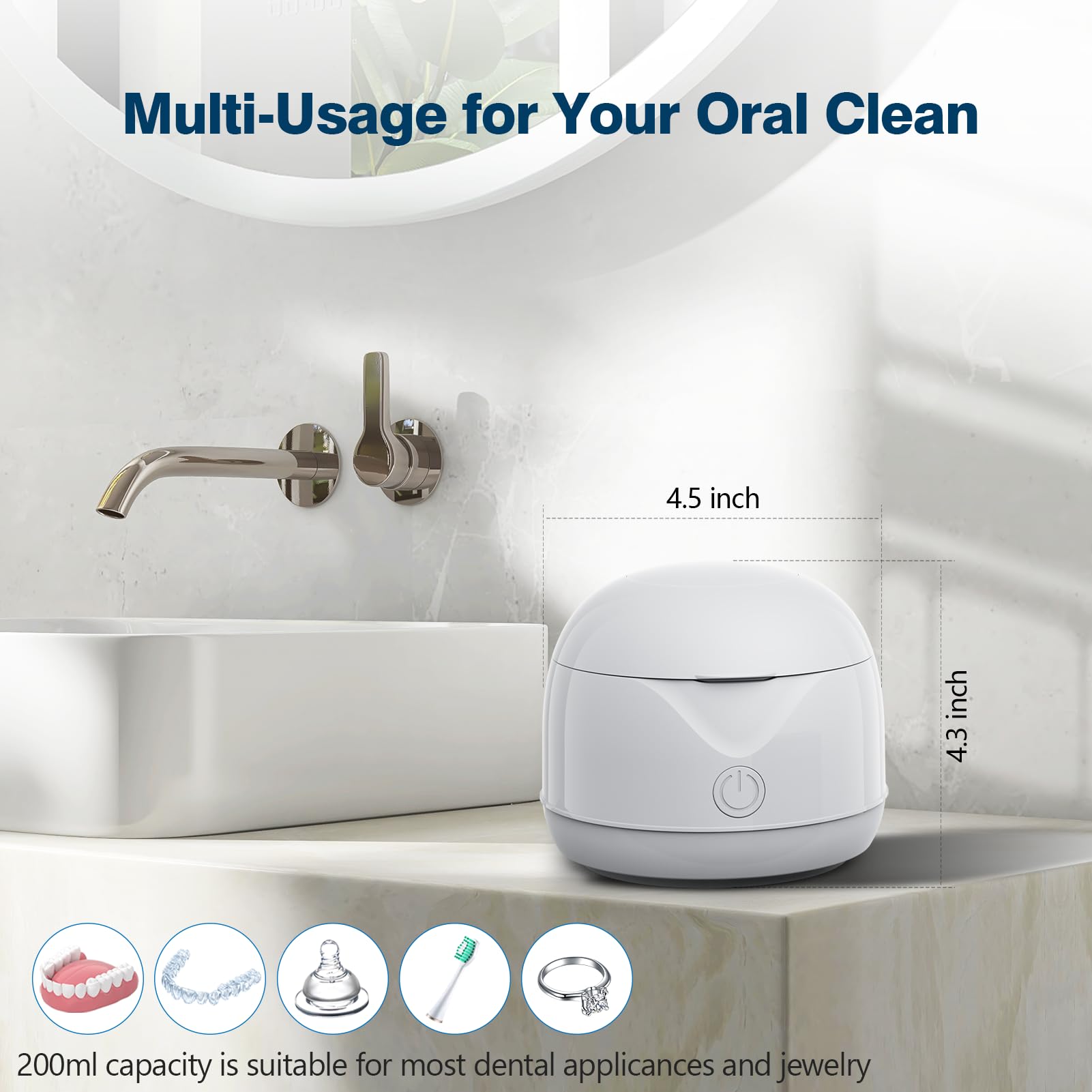 Compact design with 200 ml capacity and blue indicator light