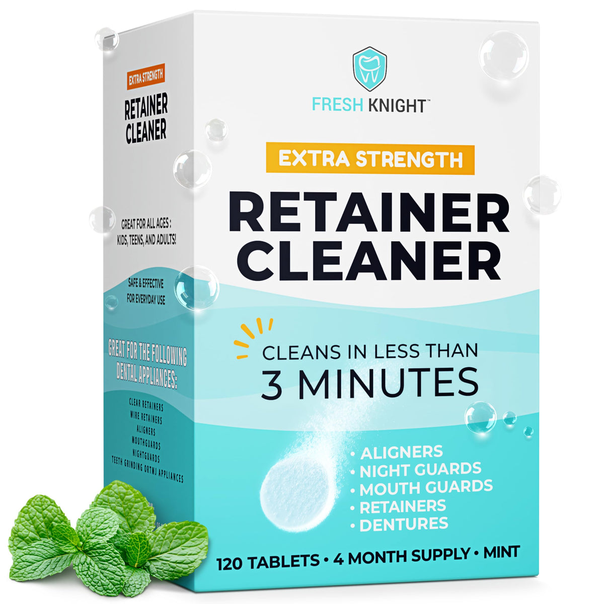 Fresh Knight Retainer Cleaner tablets container with 120 tablets