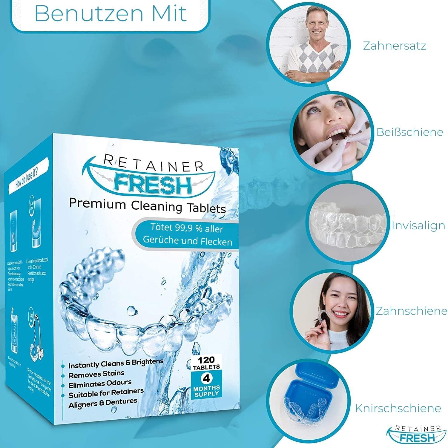 Denture and aligner cleaning with minty tablets in solution