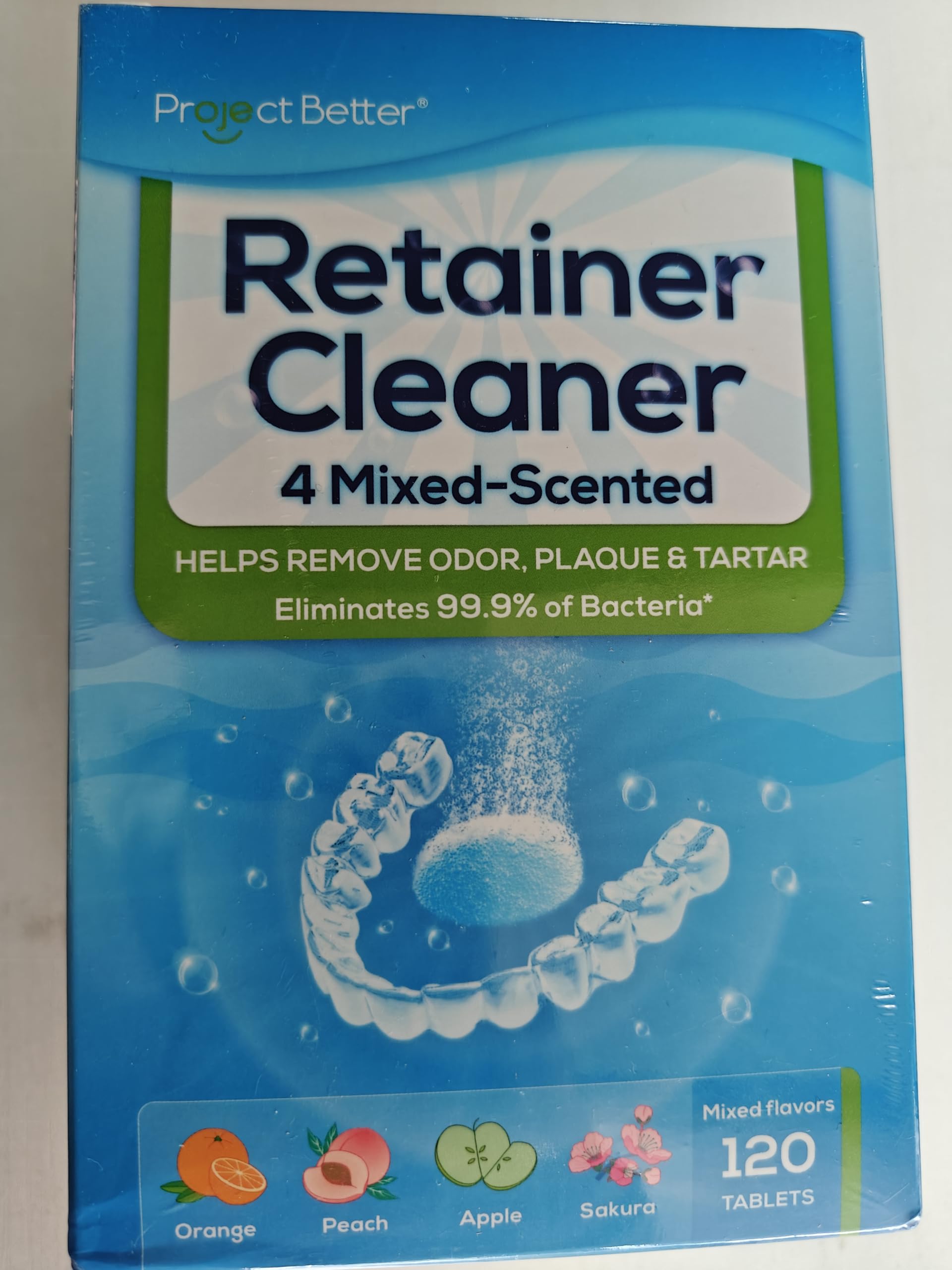 Retainer cleaner tablets in packaging with four mixed flavors