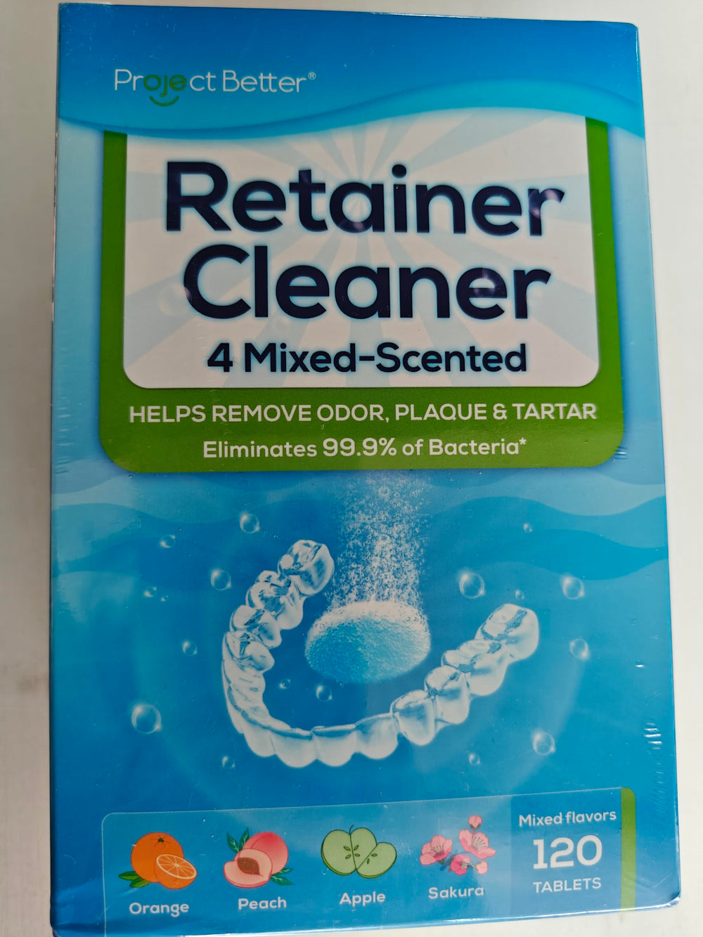 Retainer cleaner tablets in packaging with four mixed flavors
