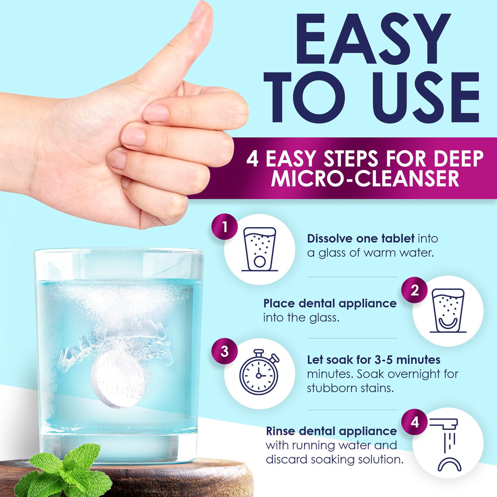 Assorted dental appliances (aligners, retainers, dentures, night guards) cleaned with mint formula