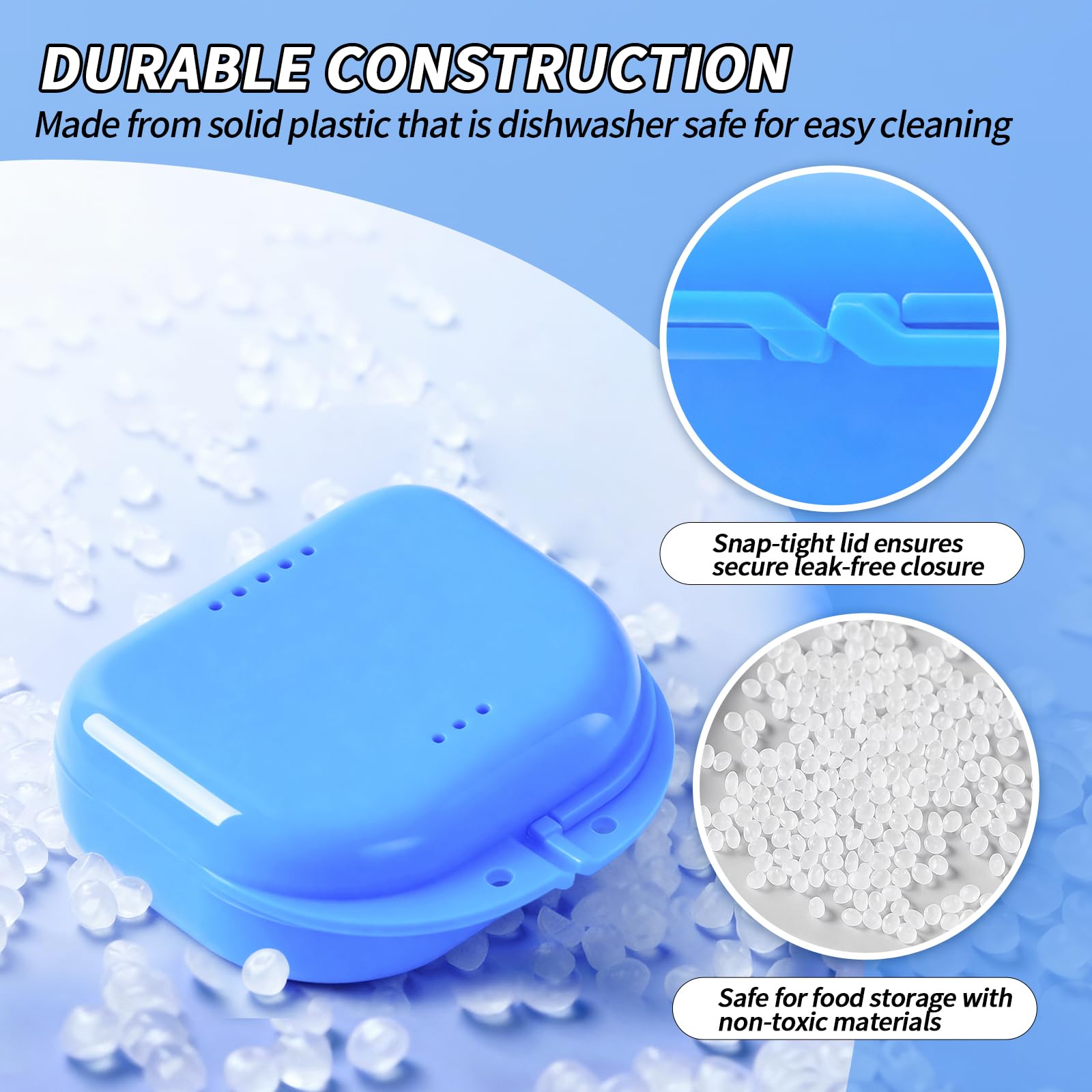 Blue denture case with vent holes and snap-lock