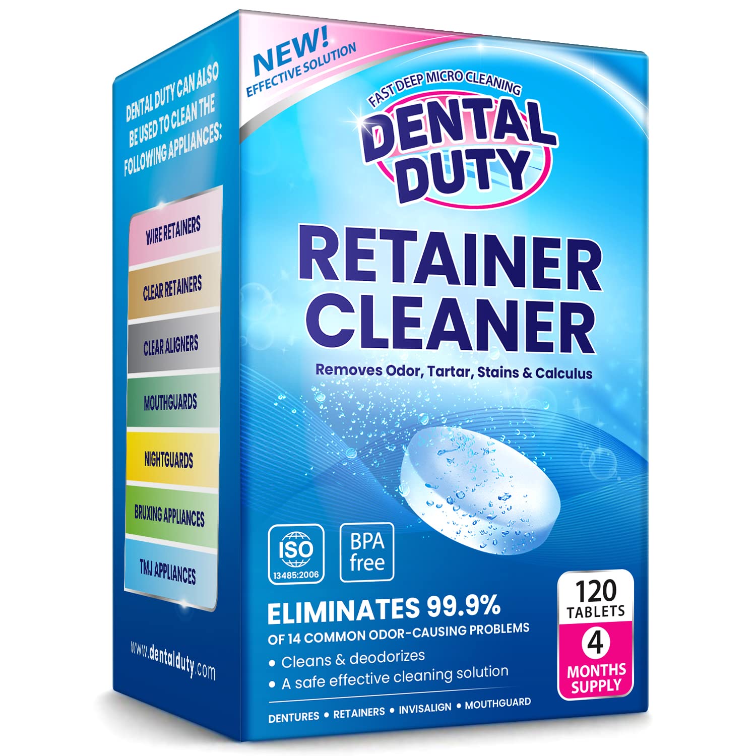 Front packaging of 120-count retainer and denture cleaner tablets