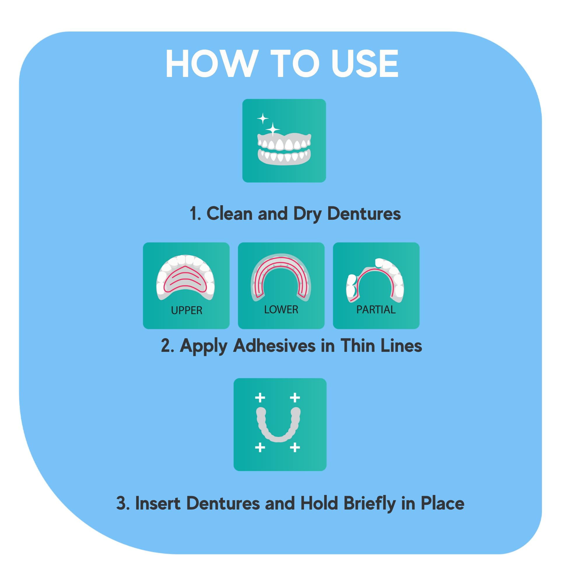 Versatile adhesive suitable for dentures, retainers, veneers and cosplay fangs