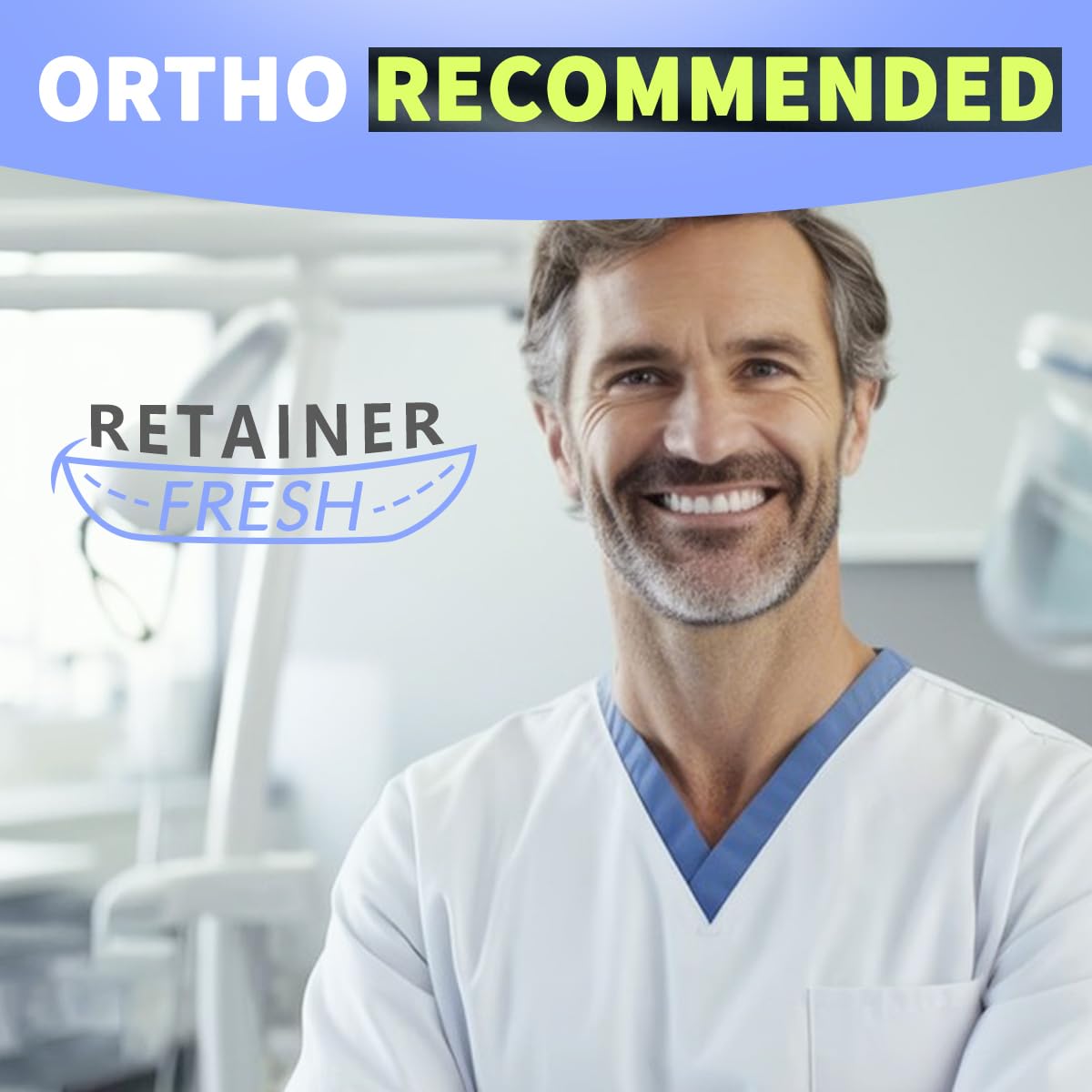 Person wearing a white dental retainer on the upper and lower teeth