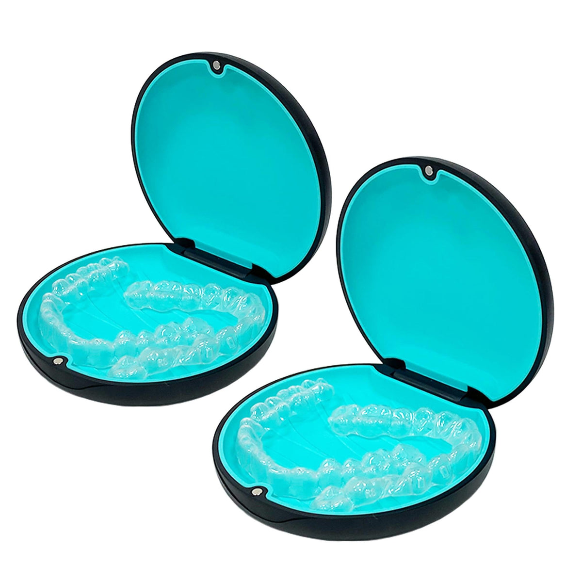 Two-pack retainer case in black and cyan silicone, front view