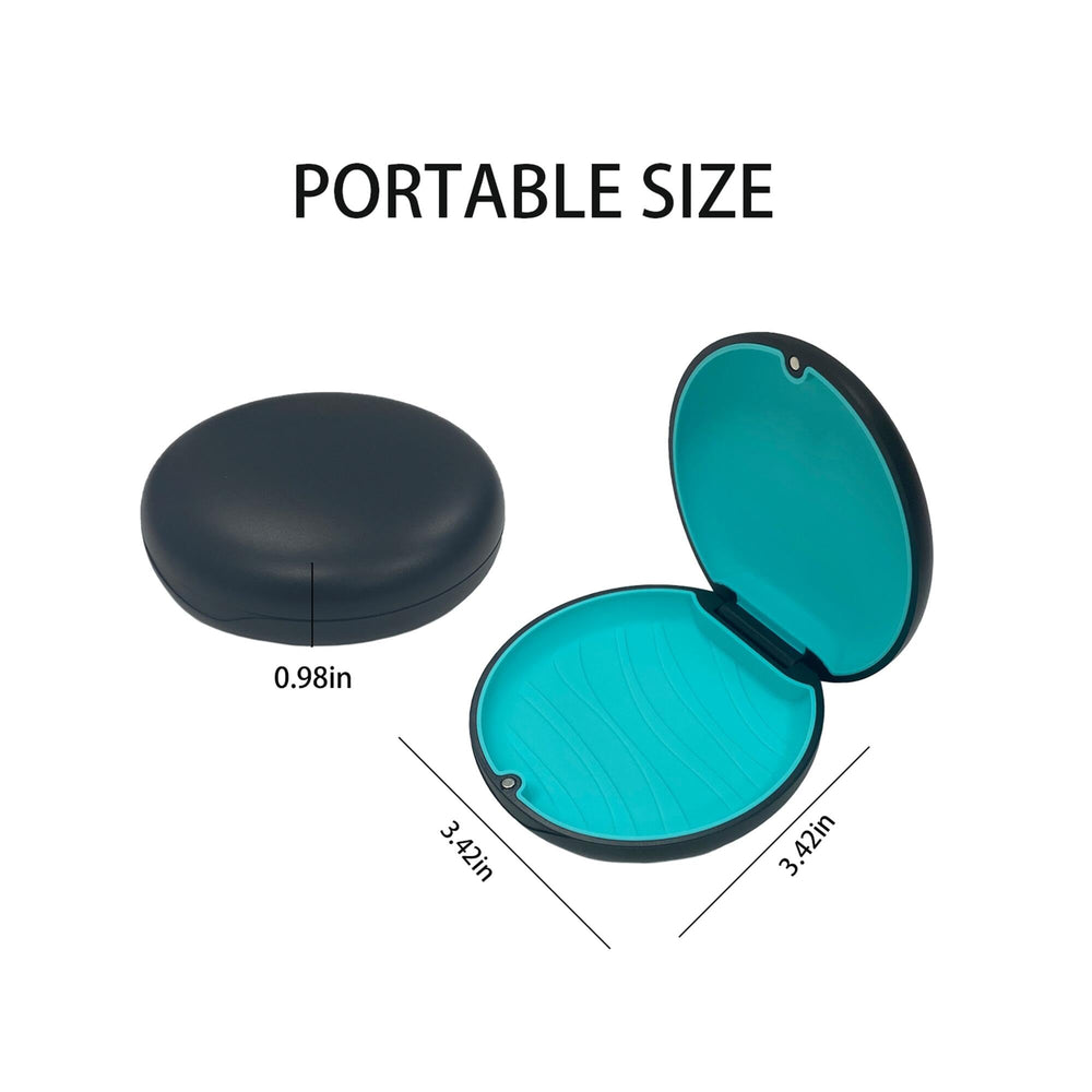 Slim compact retainer case in black and cyan, side view