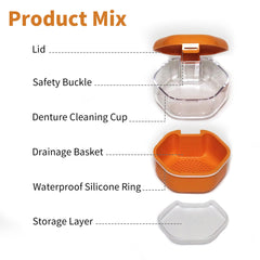 Orange denture cup open to reveal interior