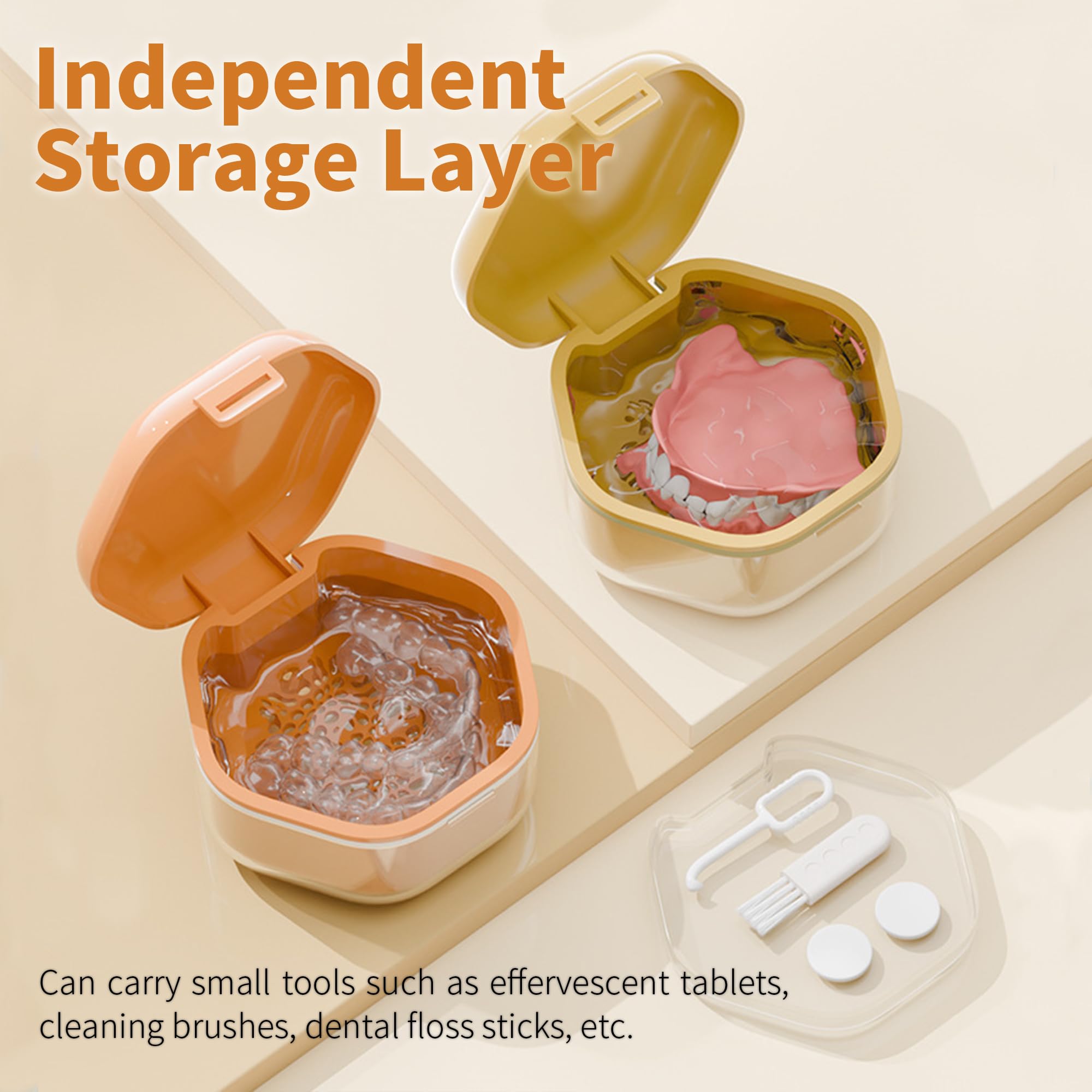 Orange denture case with cleaning accessories and compartments
