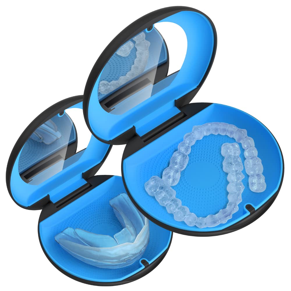 Front view of Retayn Aligner & Retainer Case in black and blue