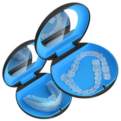 Front view of Retayn Aligner & Retainer Case in black and blue
