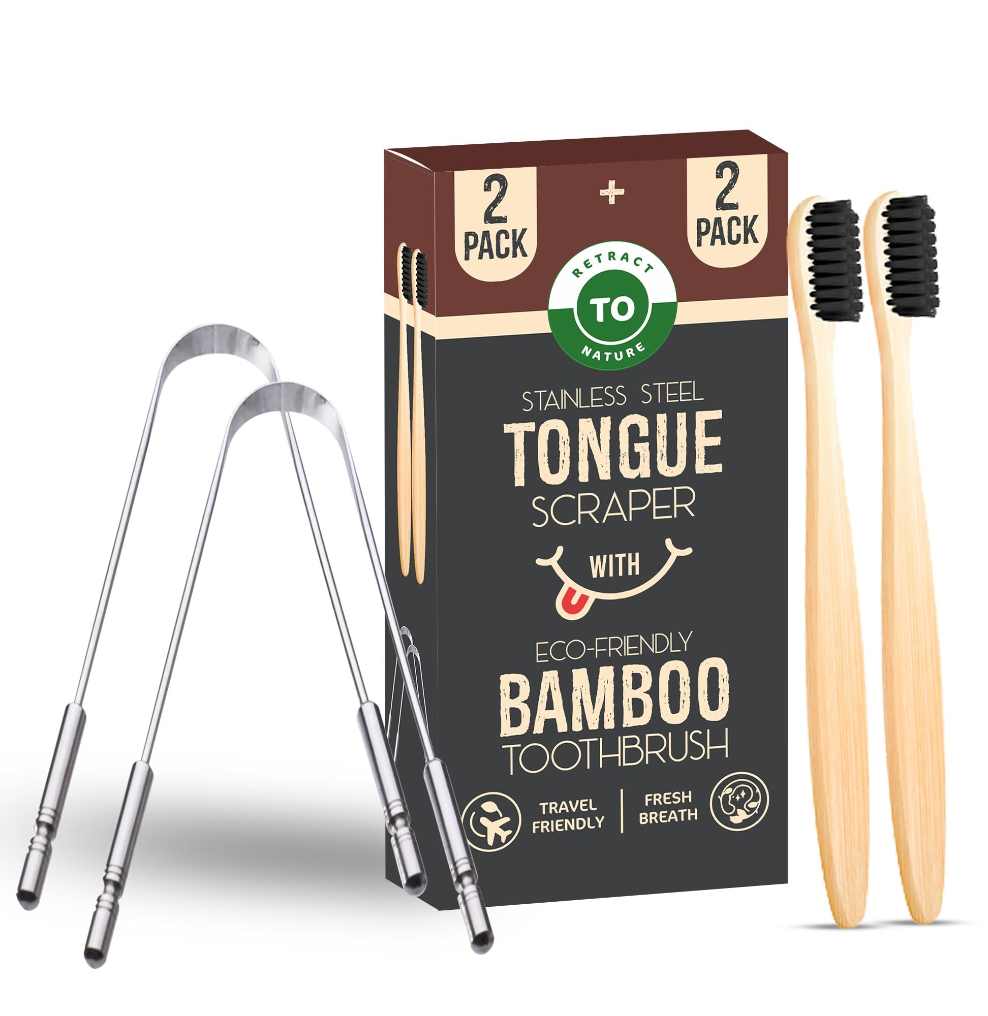 RETRACT TO NATURE Bamboo Toothbrush (2 Pack) with travel case - front view