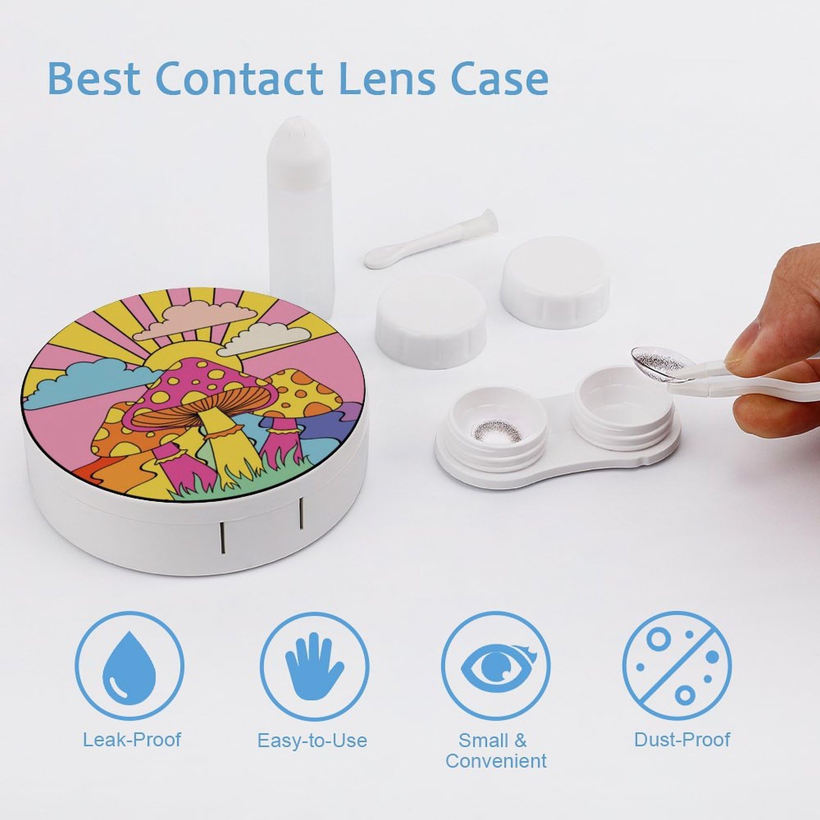 Colorful compact lens case with mirror and accessories