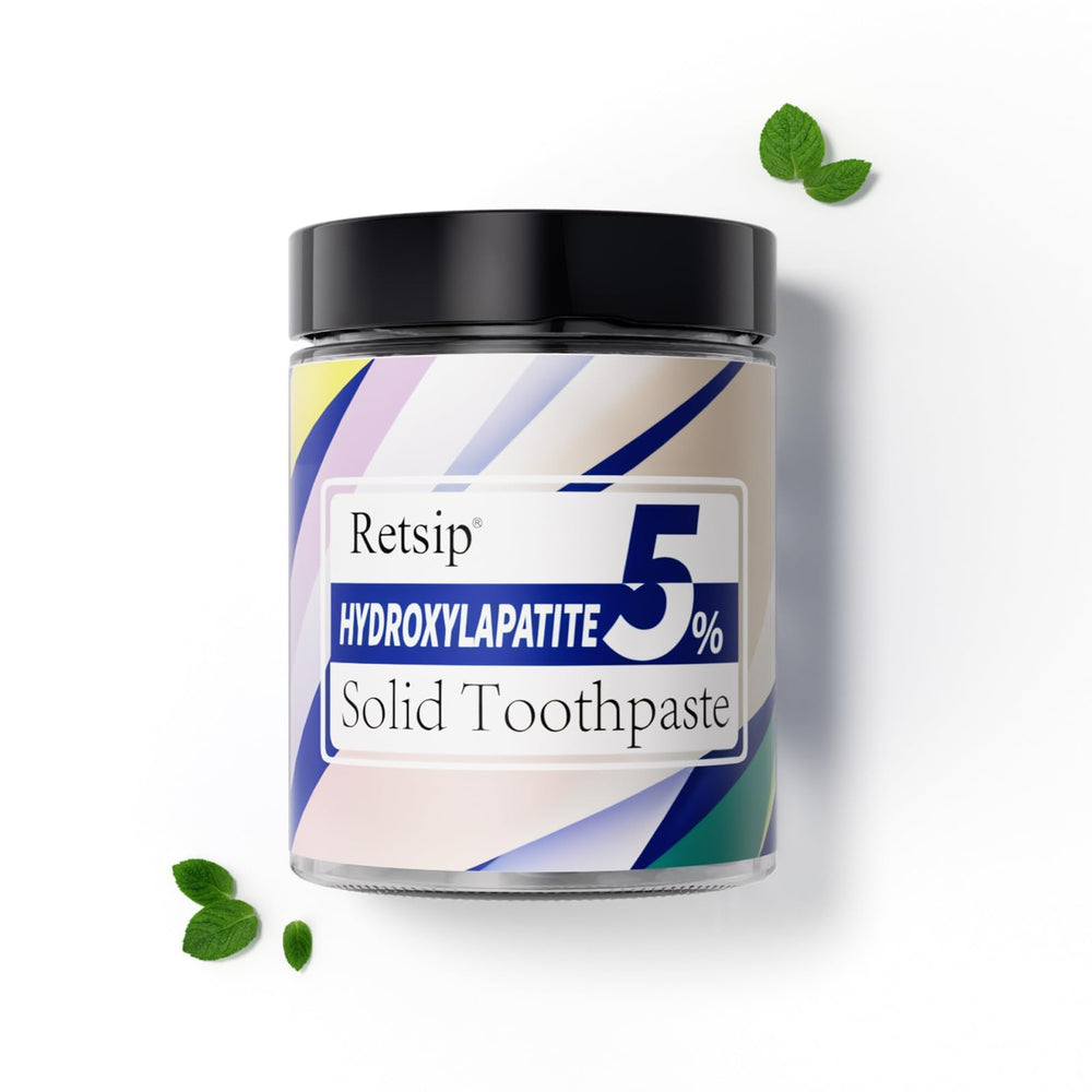 Retsip toothpaste tablets in a glass jar