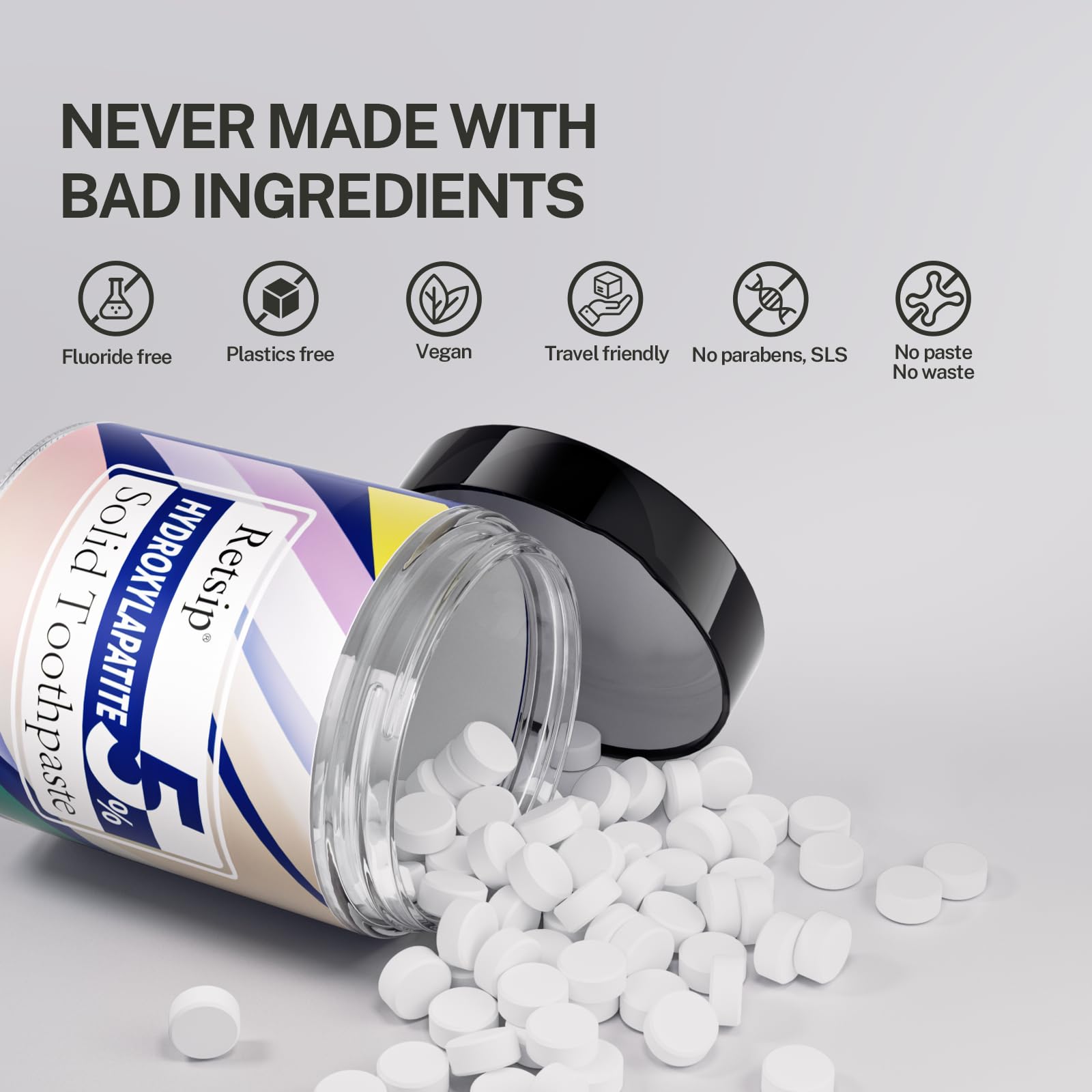 Recyclable glass jar packaging for Retsip toothpaste tablets