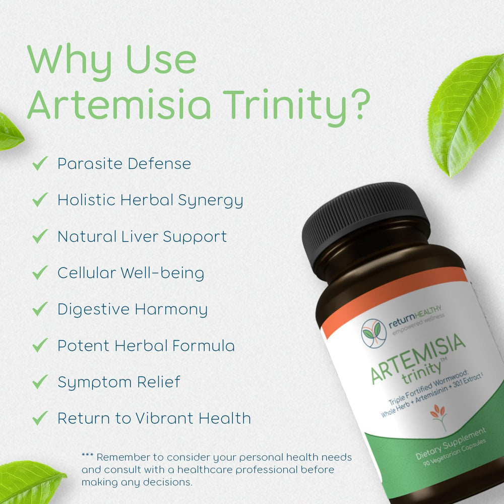 Return Healthy Artemisia Trinity digestive scene with capsules suggests daily digestive support.