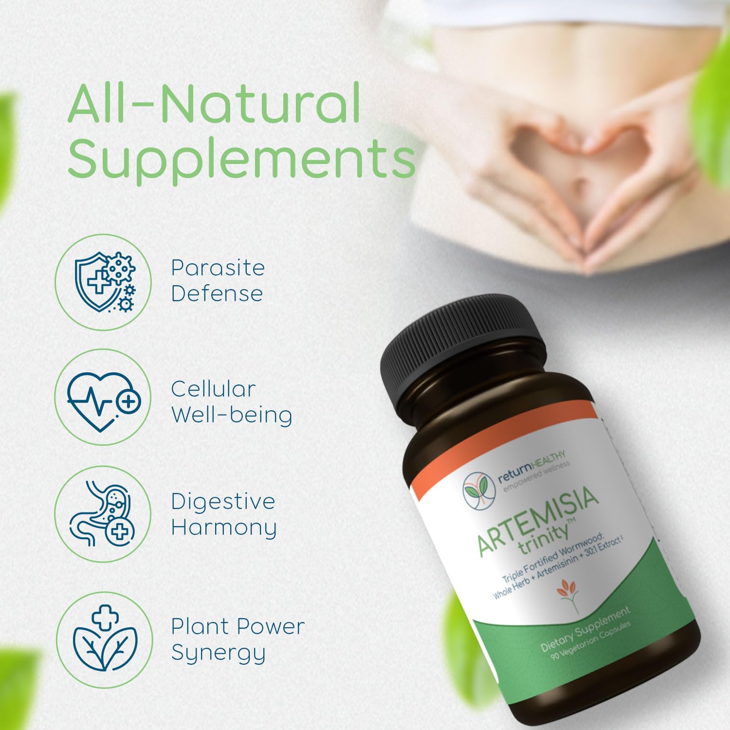 Return Healthy Artemisia Trinity label detail emphasizes 30:1 wormwood extract potency.
