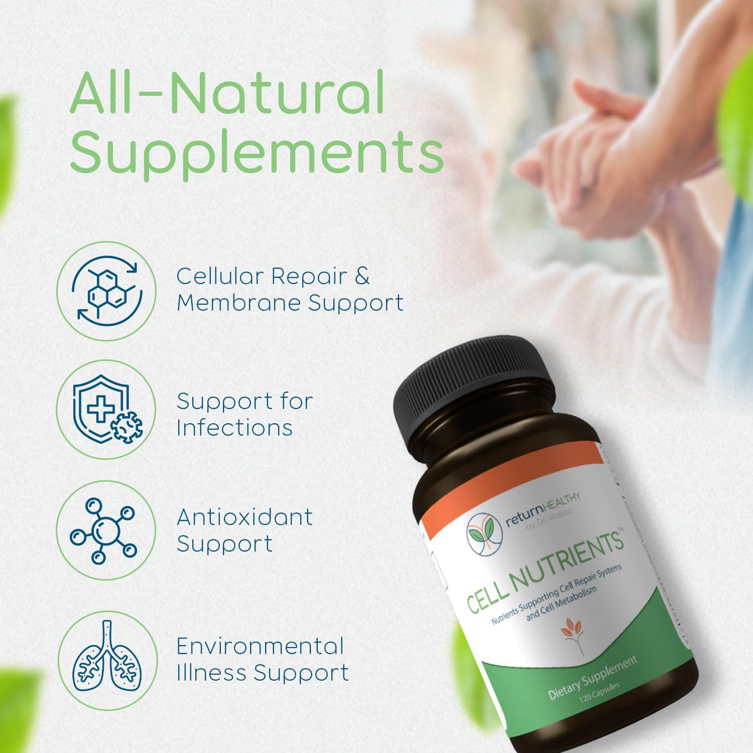 Front of bottle highlighting mitochondrial support