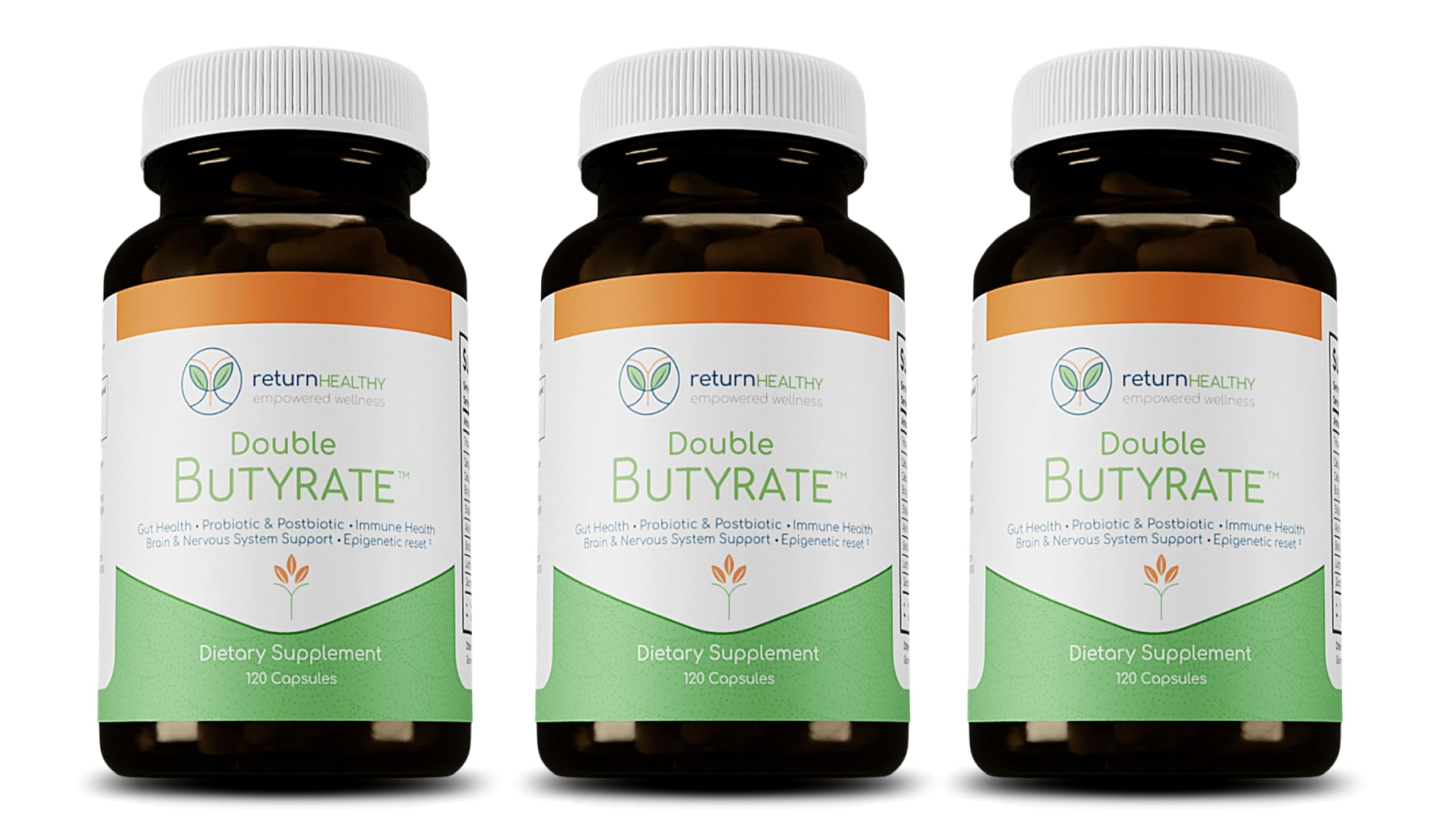 Return Healthy Double Butyrate bottle and capsules on white background