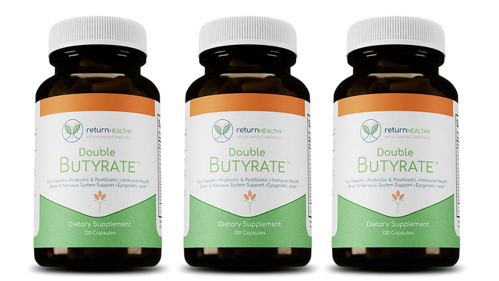 Return Healthy Double Butyrate bottle and capsules on white background